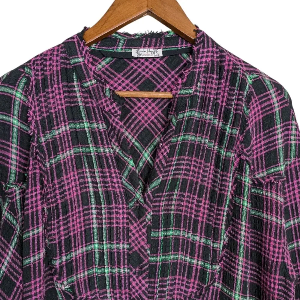 Free People Plaid About You Sleep Flannel Top XS Oversized Button Pink Black